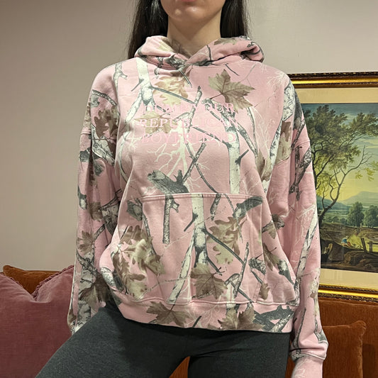 DUMP YOUR REPUBLICAN BOYFRIEND pink camo hoodie with pink text (L)