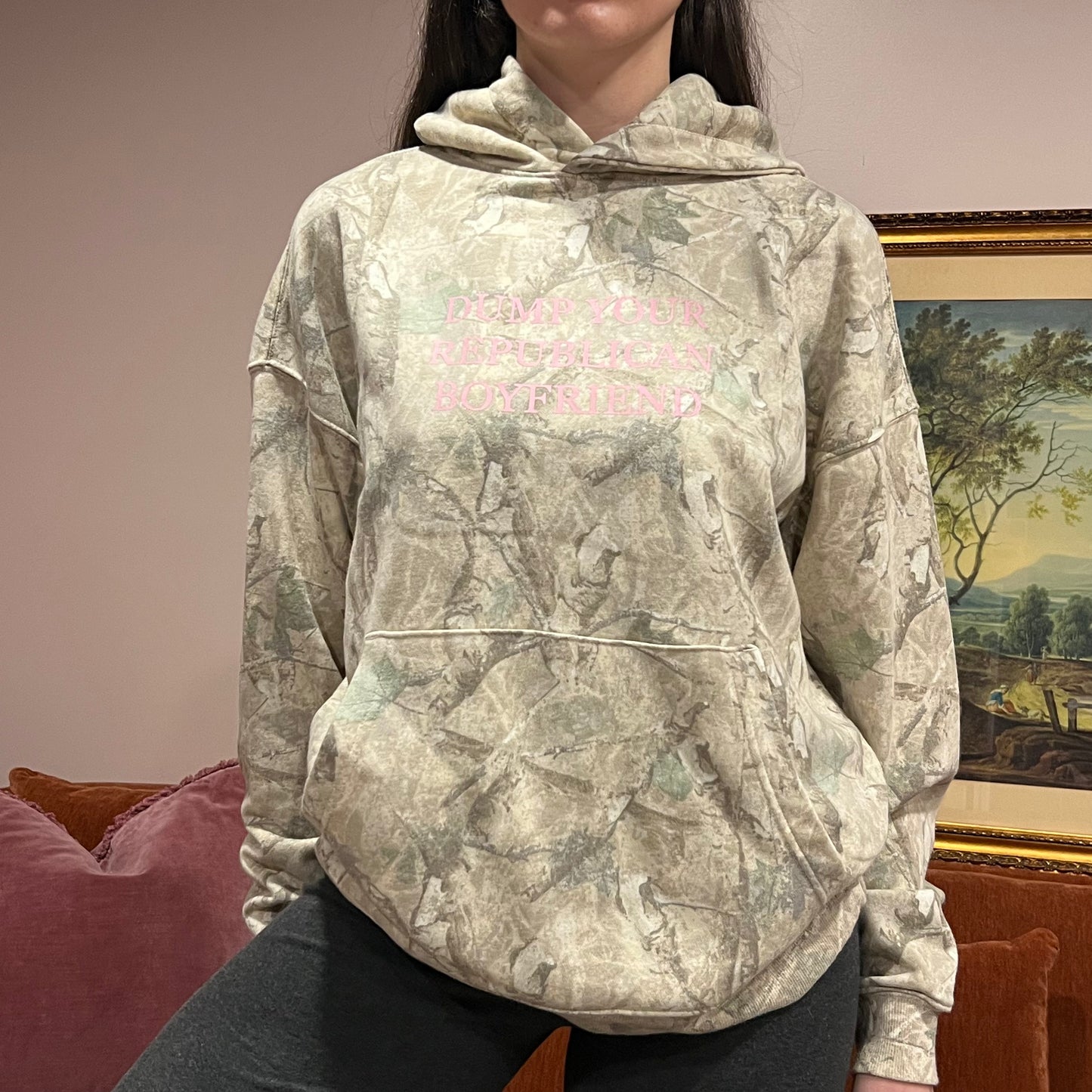 DUMP YOUR REPUBLICAN BOYFRIEND camo hoodie with pink text (M)