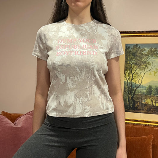 DUMP YOUR REPUBLICAN BOYFRIEND white camo t-shirt with pink text (L)