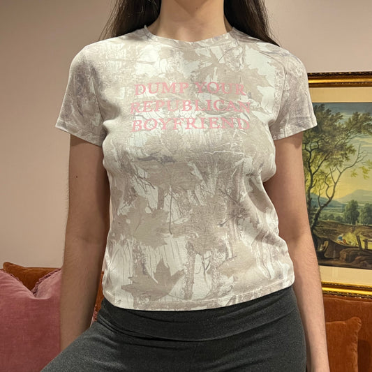 DUMP YOUR REPUBLICAN BOYFRIEND white camo t-shirt with pink text (L)