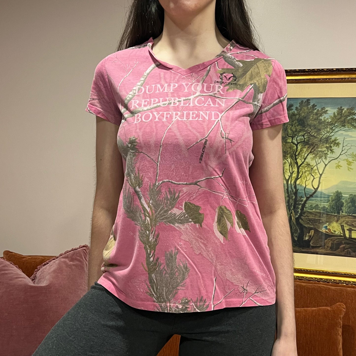 DUMP YOUR REPUBLICAN BOYFRIEND pink camo t-shirt with pink text (M)
