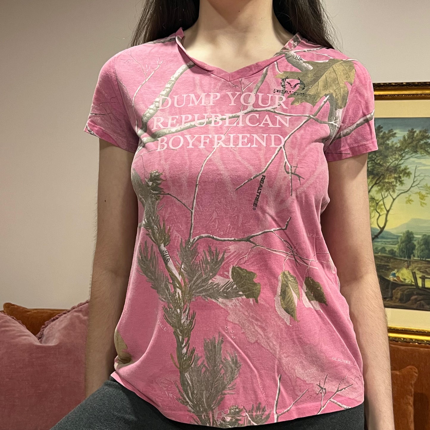 DUMP YOUR REPUBLICAN BOYFRIEND pink camo t-shirt with pink text (M)