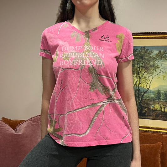 DUMP YOUR REPUBLICAN BOYFRIEND pink camo t-shirt with pink text (M)