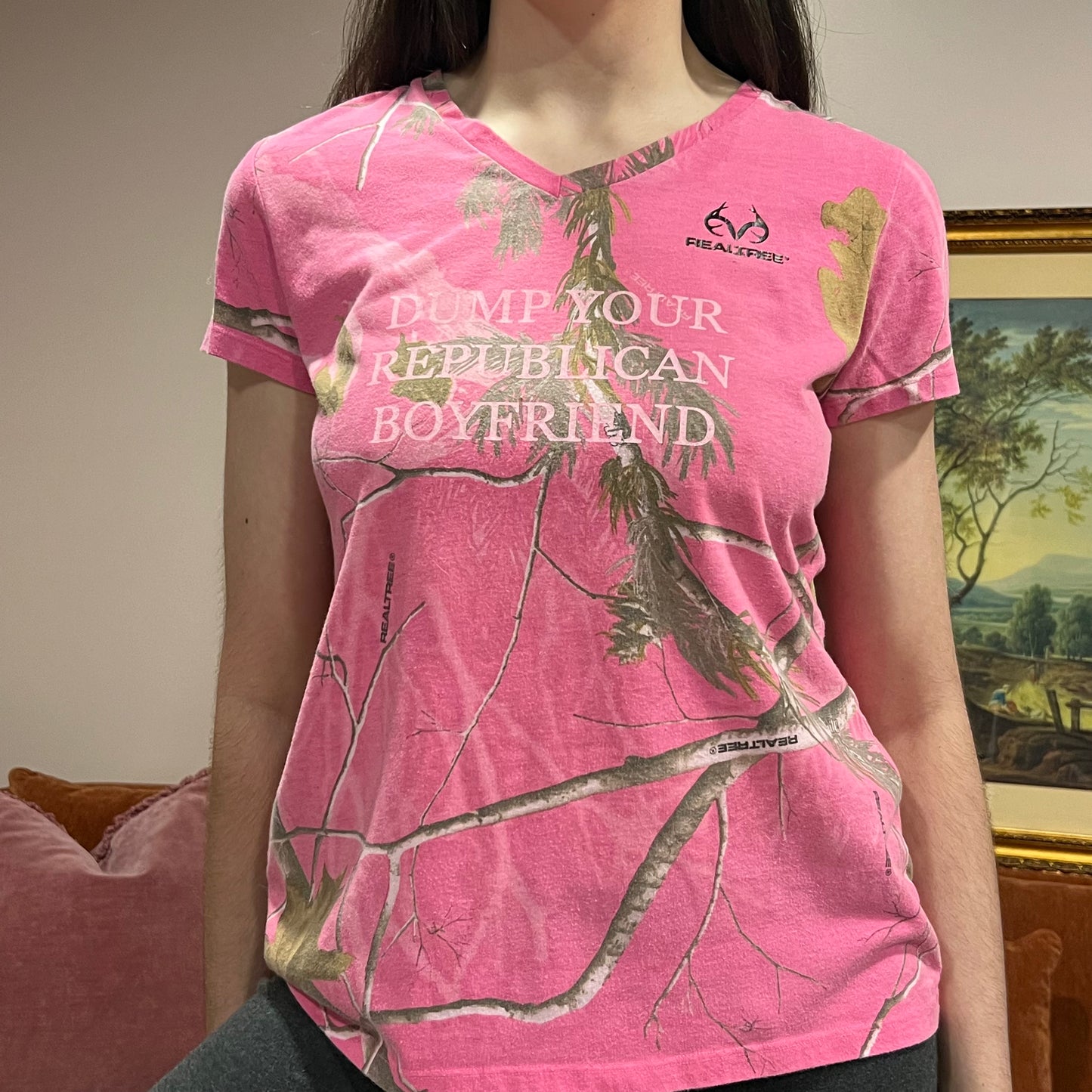 DUMP YOUR REPUBLICAN BOYFRIEND pink camo t-shirt with pink text (M)