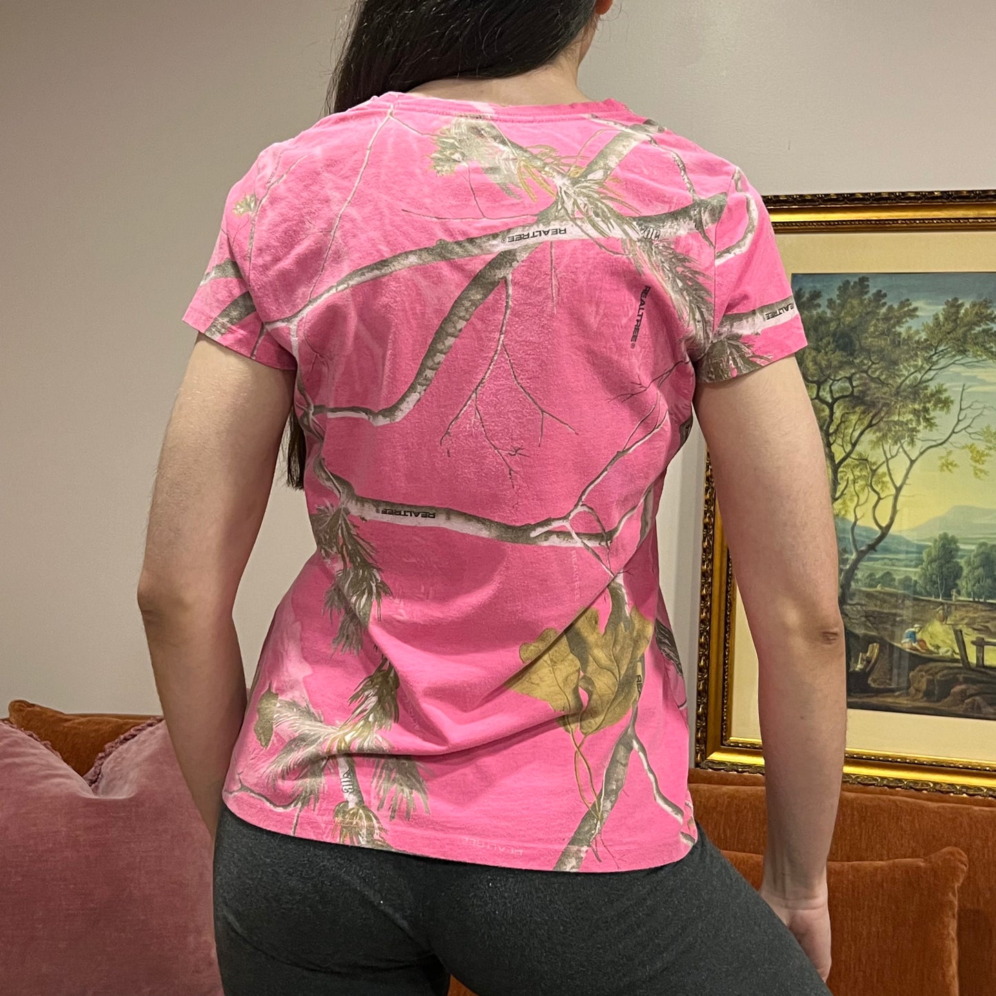 DUMP YOUR REPUBLICAN BOYFRIEND pink camo t-shirt with pink text (M)