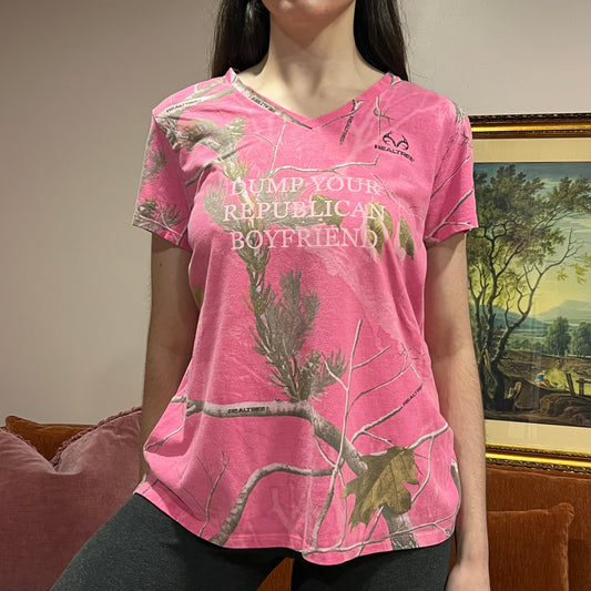 DUMP YOUR REPUBLICAN BOYFRIEND pink camo t-shirt with pink text (XL)