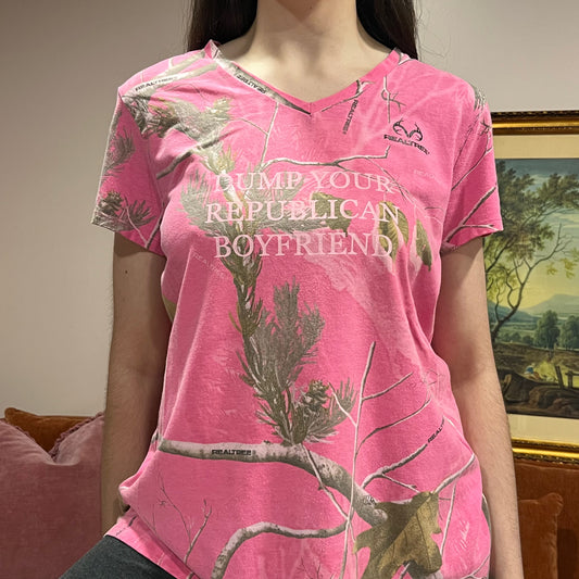 DUMP YOUR REPUBLICAN BOYFRIEND pink camo t-shirt with pink text (XL)