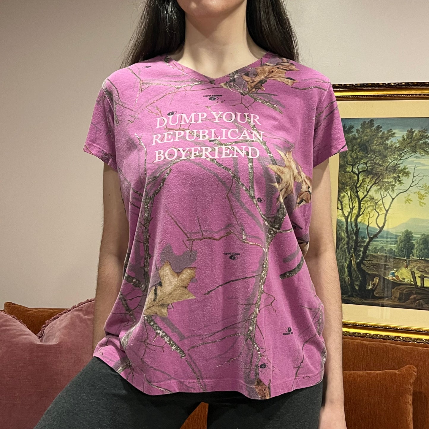 DUMP YOUR REPUBLICAN BOYFRIEND pink camo t-shirt with pink text (L)