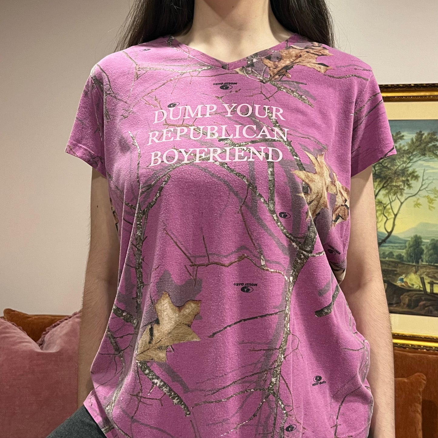 DUMP YOUR REPUBLICAN BOYFRIEND pink camo t-shirt with pink text (L)