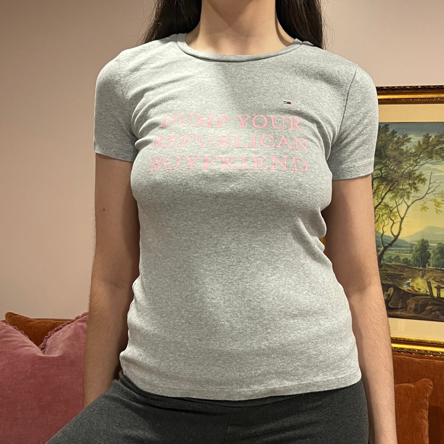 DUMP YOUR REPUBLICAN BOYFRIEND grey t-shirt with pink text (S)