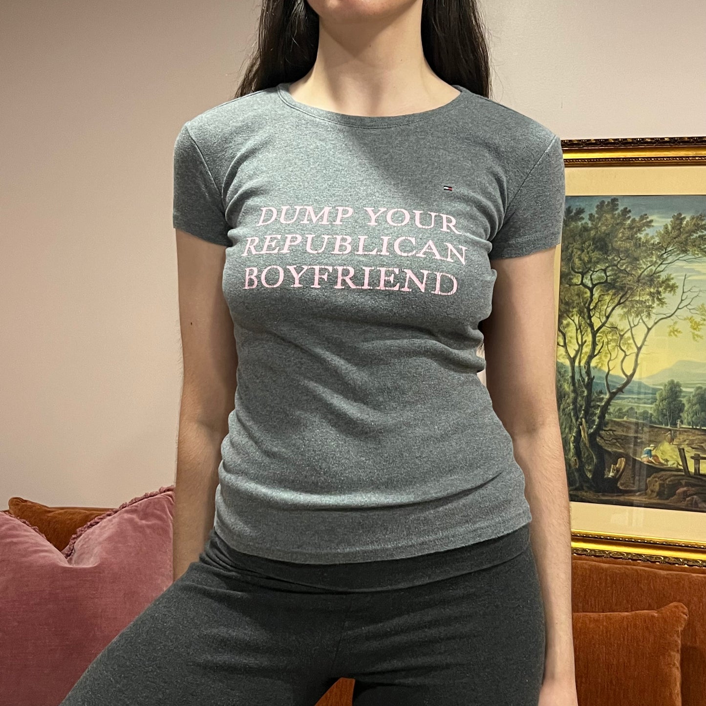 DUMP YOUR REPUBLICAN BOYFRIEND grey t-shirt with pink text (M)