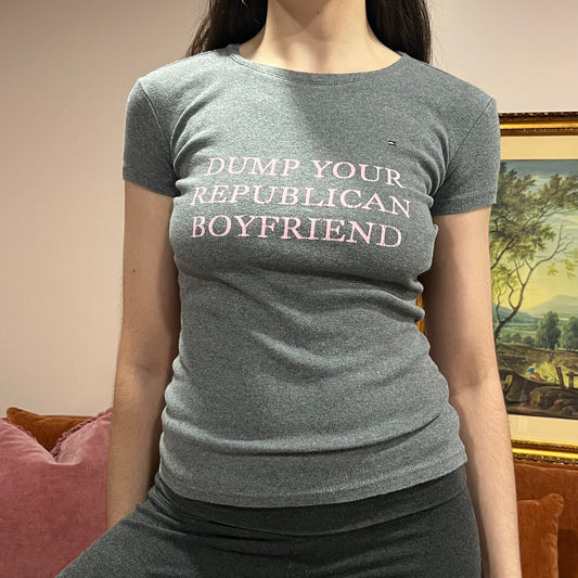 DUMP YOUR REPUBLICAN BOYFRIEND grey t-shirt with pink text (M)