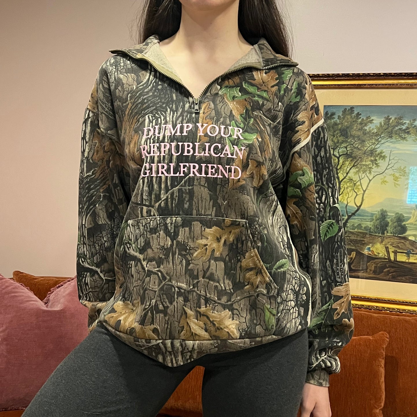 DUMP YOUR REPUBLICAN GIRLFRIEND camo zip-up with pink text (L)