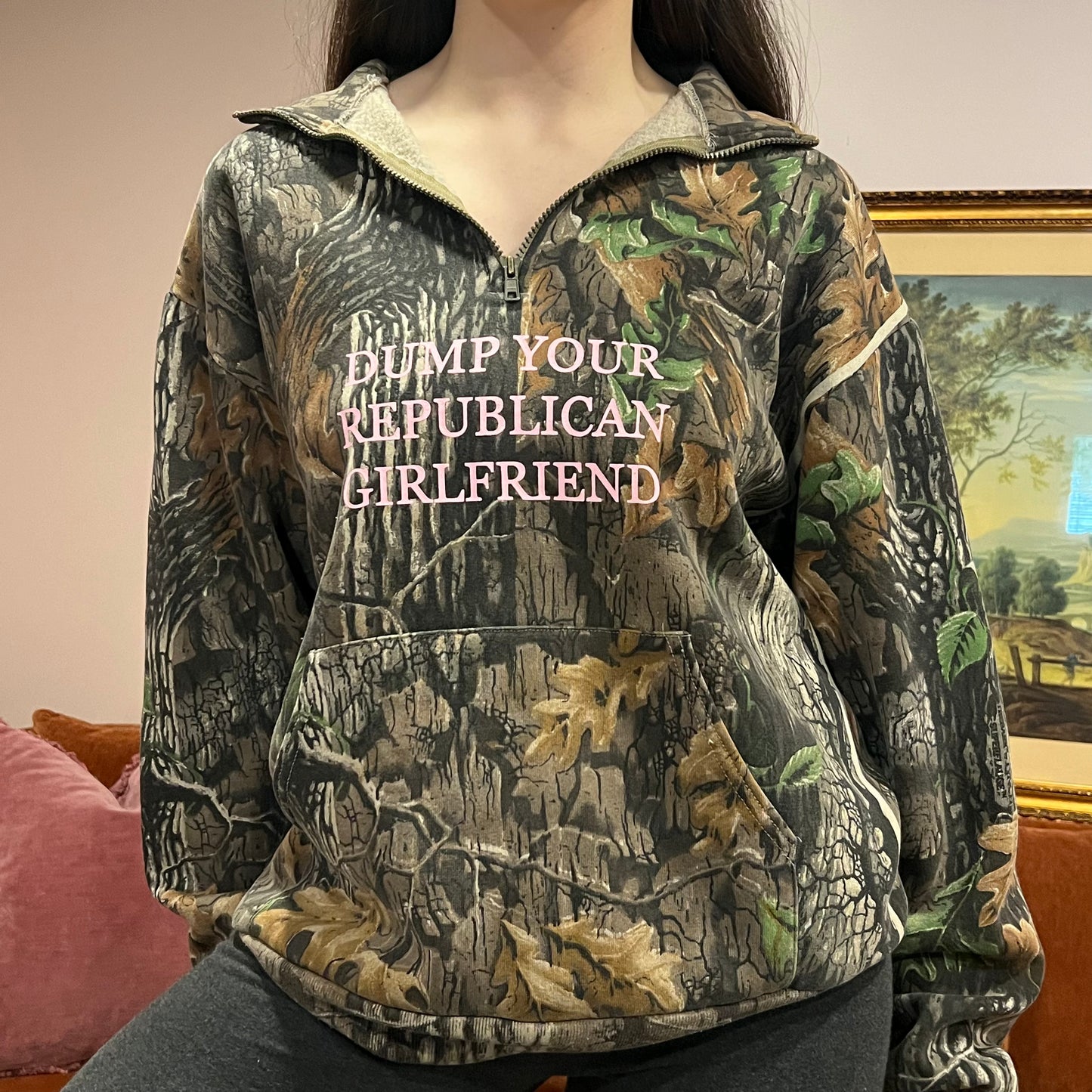 DUMP YOUR REPUBLICAN GIRLFRIEND camo zip-up with pink text (L)