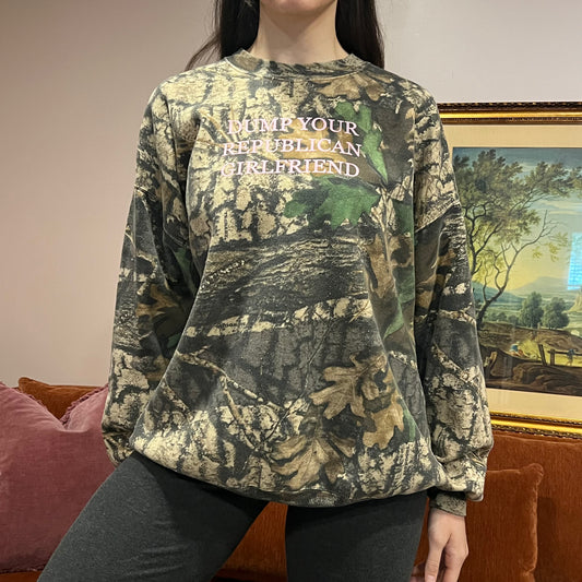 DUMP YOUR REPUBLICAN GIRLFRIEND camo crewneck with pink text (3XL)