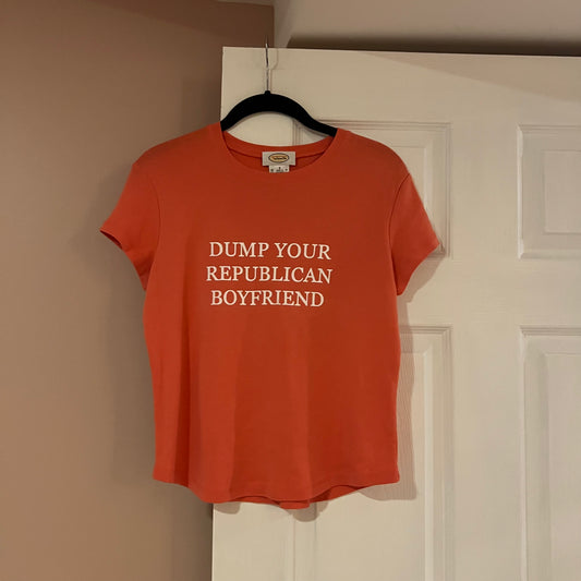 DUMP YOUR REPUBLICAN GIRLFRIEND camo t-shirt with pink text (XL)