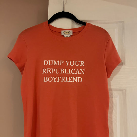 DUMP YOUR REPUBLICAN GIRLFRIEND camo t-shirt with pink text (XL)