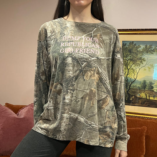 DUMP YOUR REPUBLICAN GIRLFRIEND camo long sleeve t-shirt with pink text (2XL)
