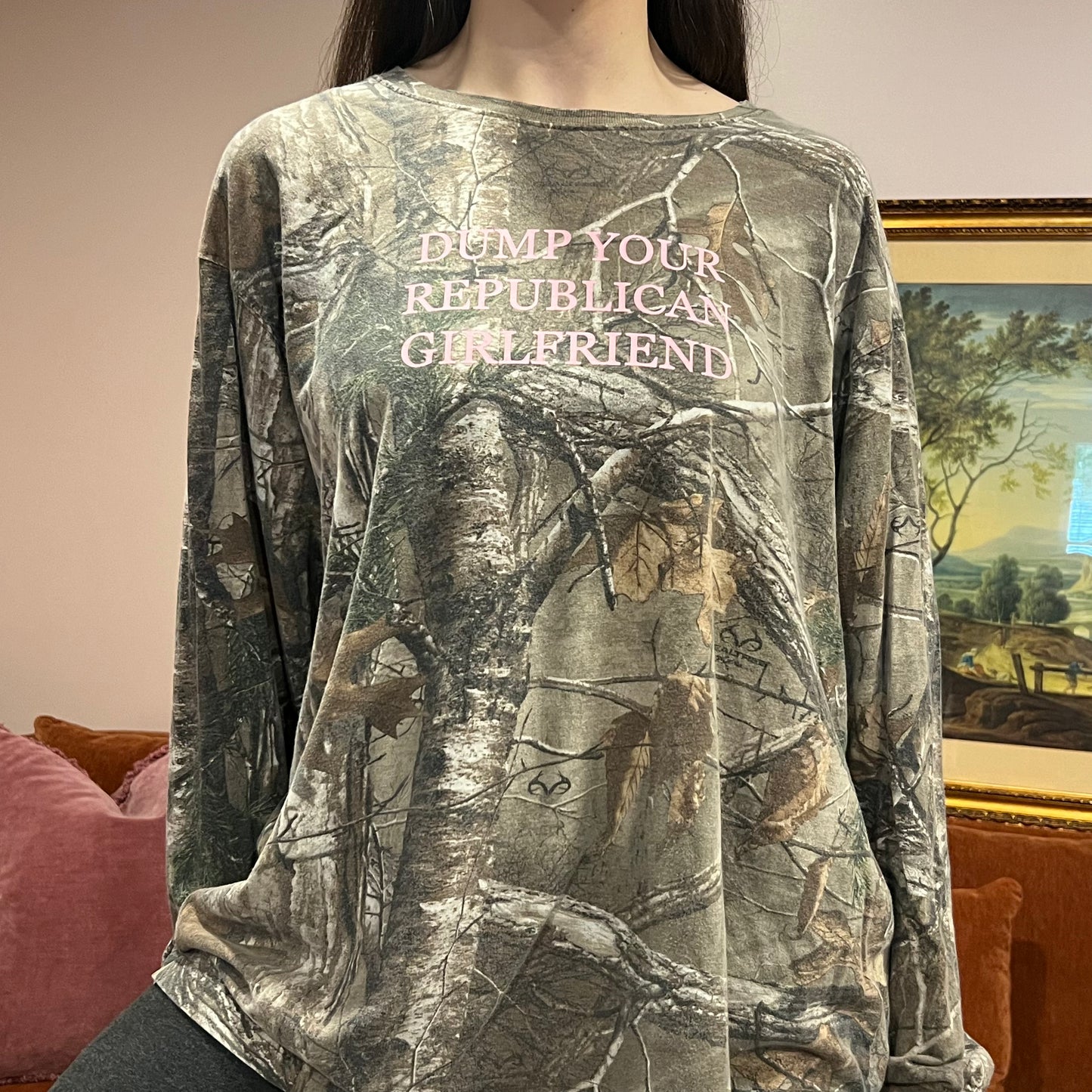 DUMP YOUR REPUBLICAN GIRLFRIEND camo long sleeve t-shirt with pink text (2XL)