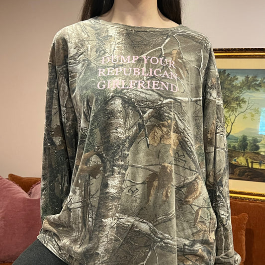 DUMP YOUR REPUBLICAN GIRLFRIEND camo long sleeve t-shirt with pink text (2XL)