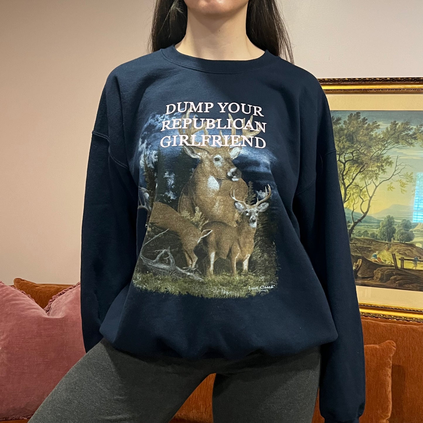 DUMP YOUR REPUBLICAN GIRLFRIEND deer crewneck with pink text (XL)