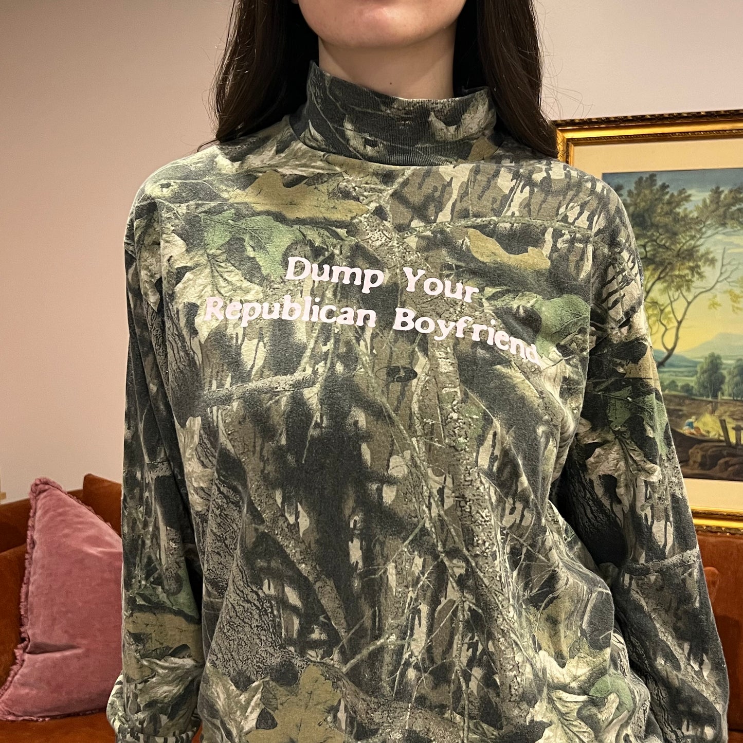 DUMP YOUR REPUBLICAN BOYFRIEND camo turtle neck t-shirt with pink text (L)