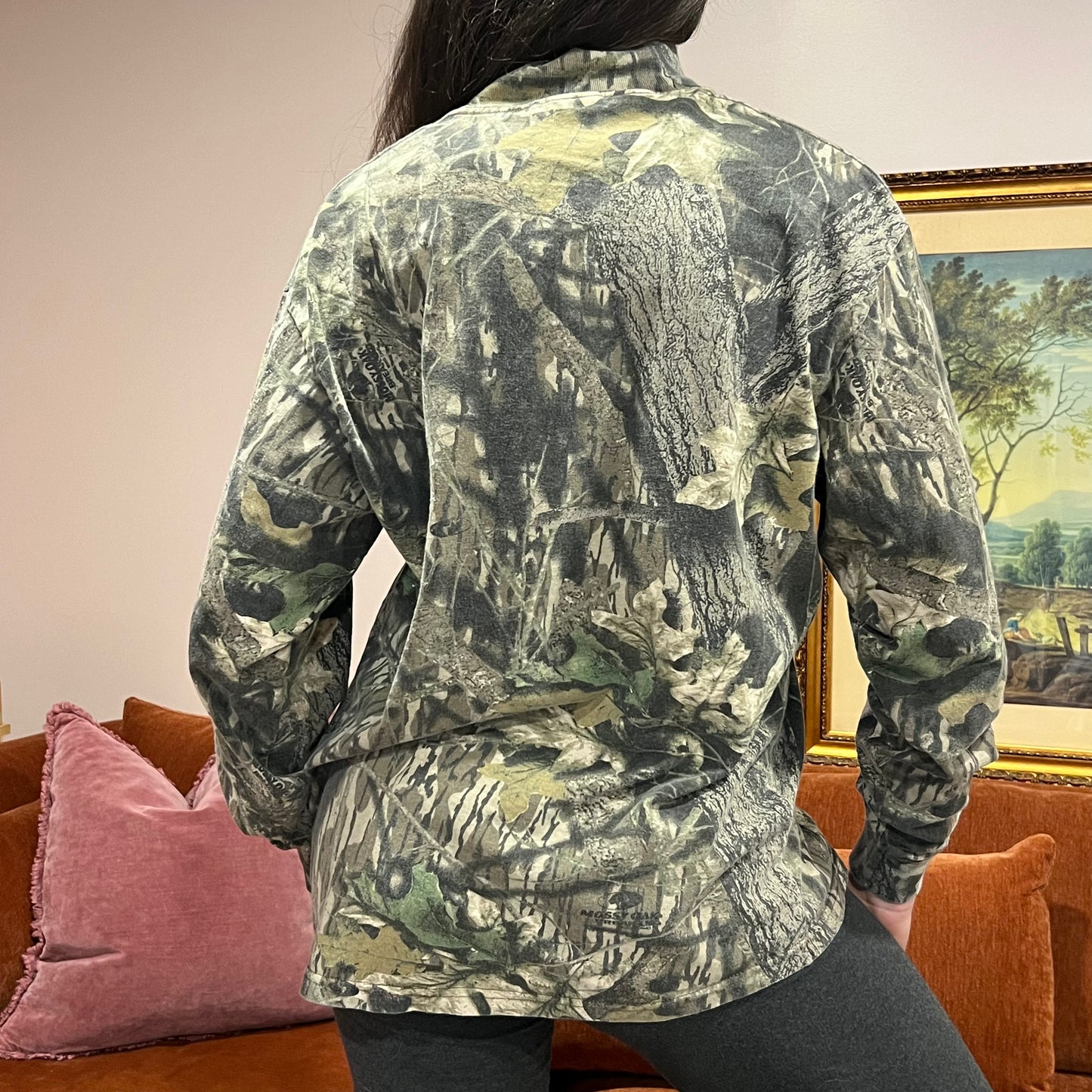 DUMP YOUR REPUBLICAN BOYFRIEND camo turtle neck t-shirt with pink text (L)