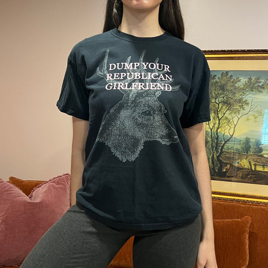 DUMP YOUR REPUBLICAN GIRLFRIEND deer t-shirt with pink text (M)