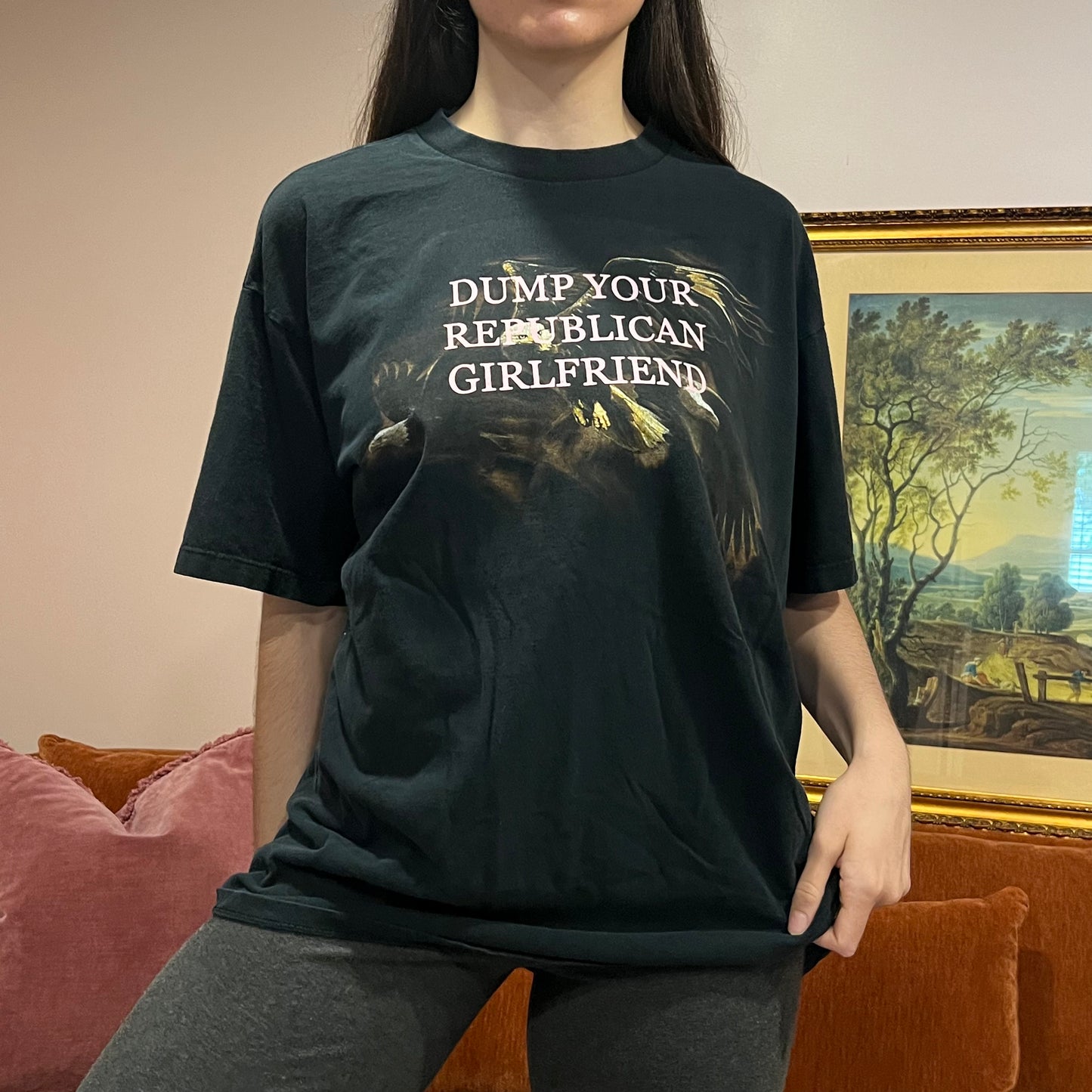 DUMP YOUR REPUBLICAN GIRLFRIEND eagle t-shirt with pink text (XL)