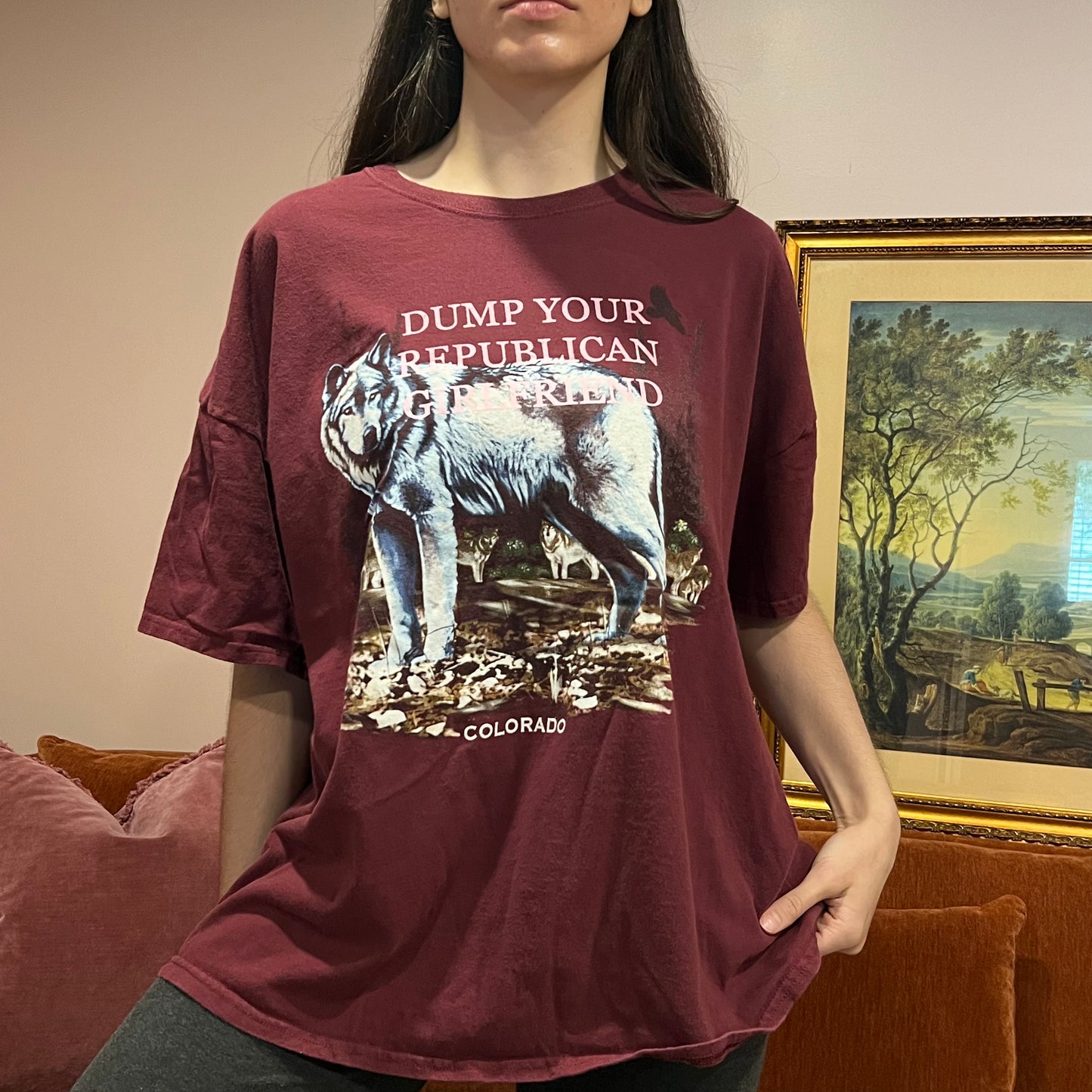 DUMP YOUR REPUBLICAN GIRLFRIEND wolf t-shirt with pink text (3XL)