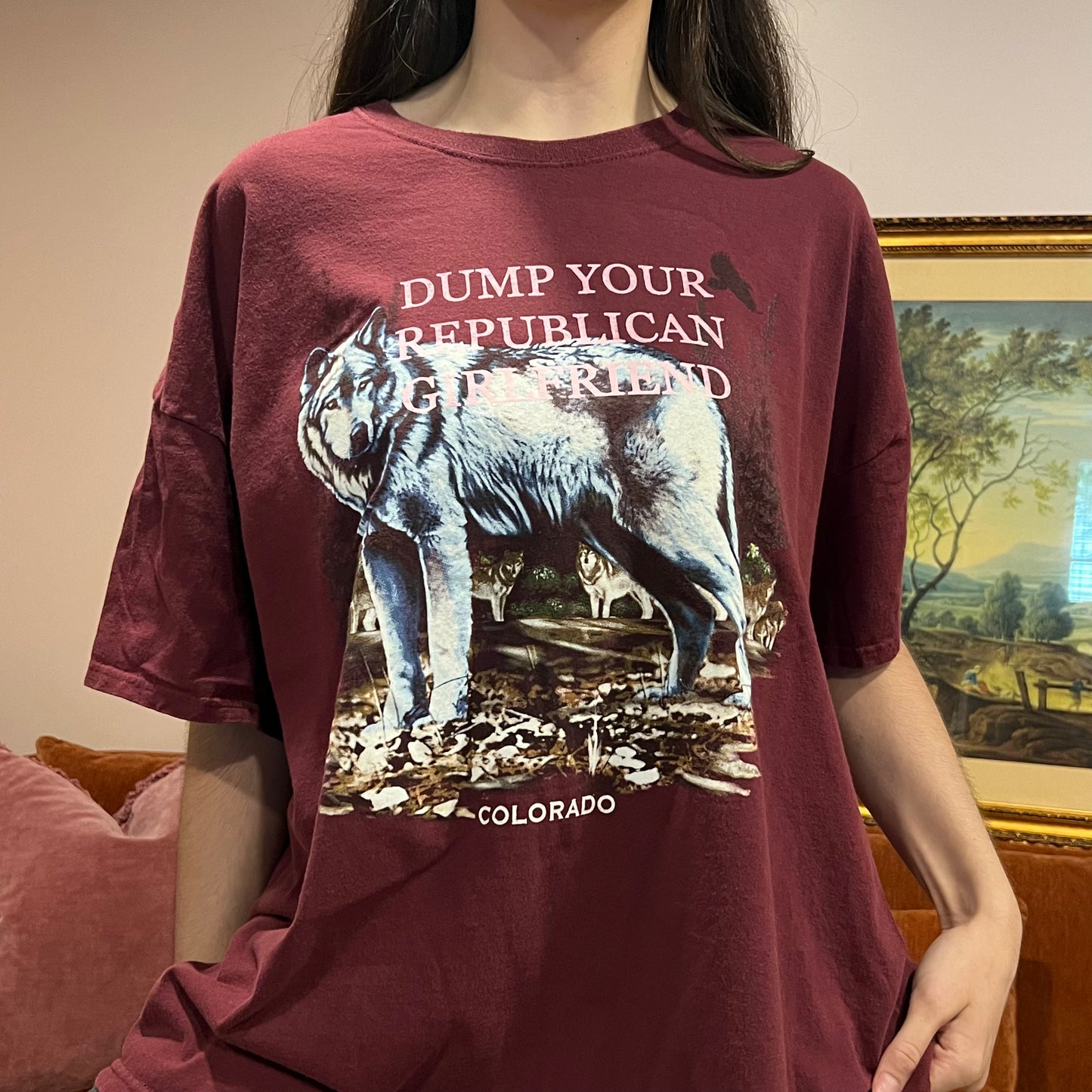 DUMP YOUR REPUBLICAN GIRLFRIEND wolf t-shirt with pink text (3XL)