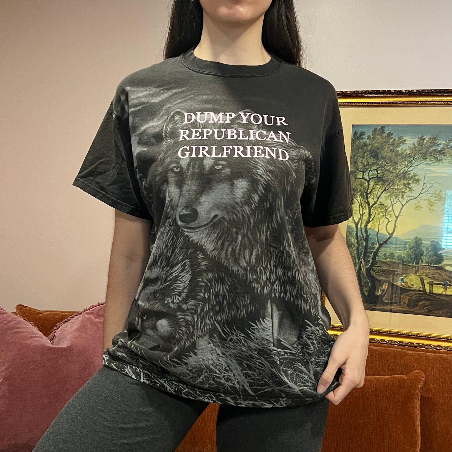 DUMP YOUR REPUBLICAN GIRLFRIEND wolf t-shirt with pink text (L)