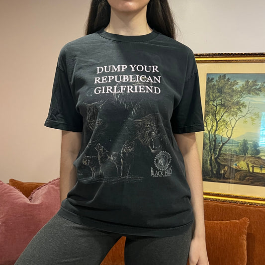 DUMP YOUR REPUBLICAN GIRLFRIEND animal t-shirt with pink text (L)