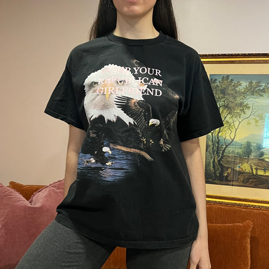 DUMP YOUR REPUBLICAN GIRLFRIEND eagle t-shirt with pink text (L)
