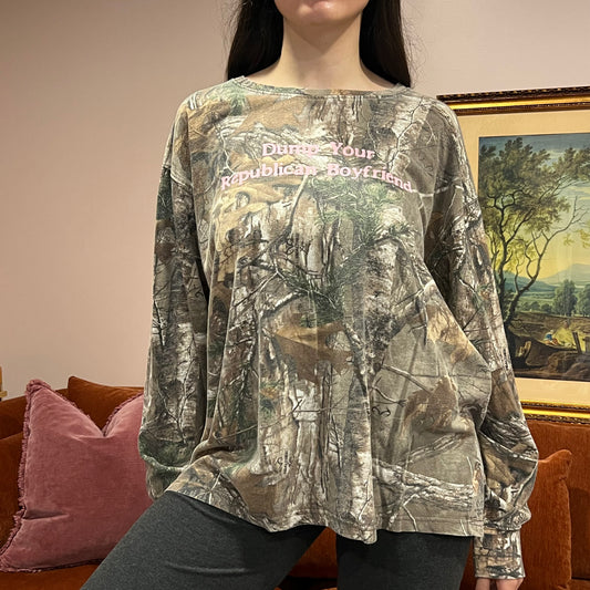 DUMP YOUR REPUBLICAN BOYFRIEND camo long sleeve t-shirt with pink text (2XL)