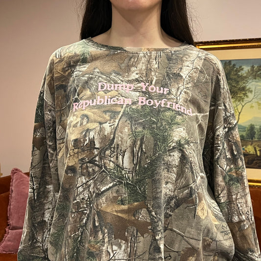 DUMP YOUR REPUBLICAN BOYFRIEND camo long sleeve t-shirt with pink text (2XL)