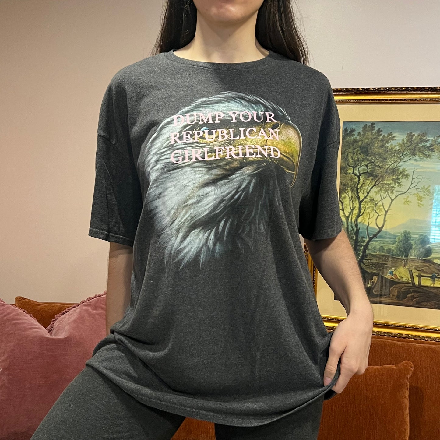 DUMP YOUR REPUBLICAN GIRLFRIEND eagle t-shirt with pink text (2XL)