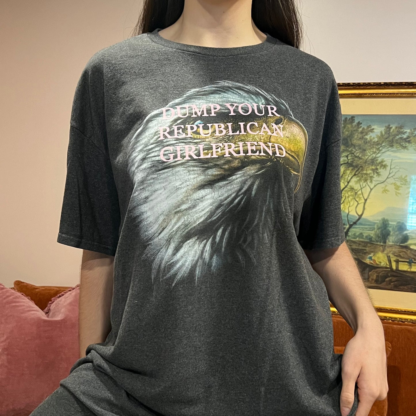 DUMP YOUR REPUBLICAN GIRLFRIEND eagle t-shirt with pink text (2XL)