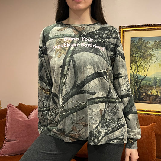 DUMP YOUR REPUBLICAN BOYFRIEND camo long sleeve t-shirt with pink text (XL)