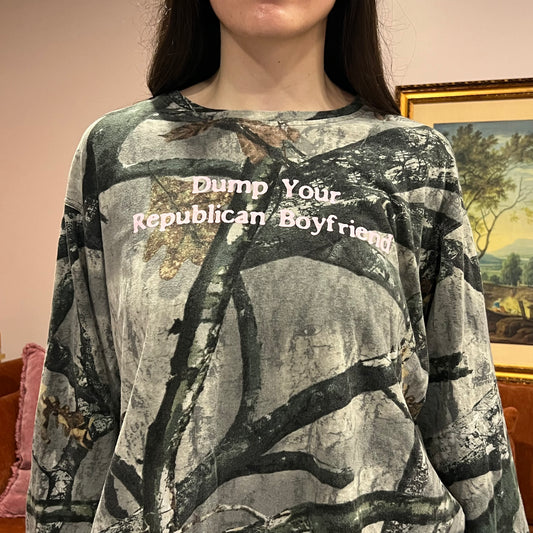 DUMP YOUR REPUBLICAN BOYFRIEND camo long sleeve t-shirt with pink text (XL)