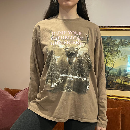DUMP YOUR REPUBLICAN GIRLFRIEND deer long sleeve t-shirt with pink text (XL)