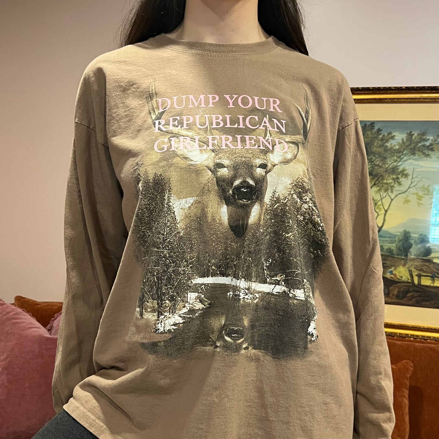DUMP YOUR REPUBLICAN GIRLFRIEND deer long sleeve t-shirt with pink text (XL)