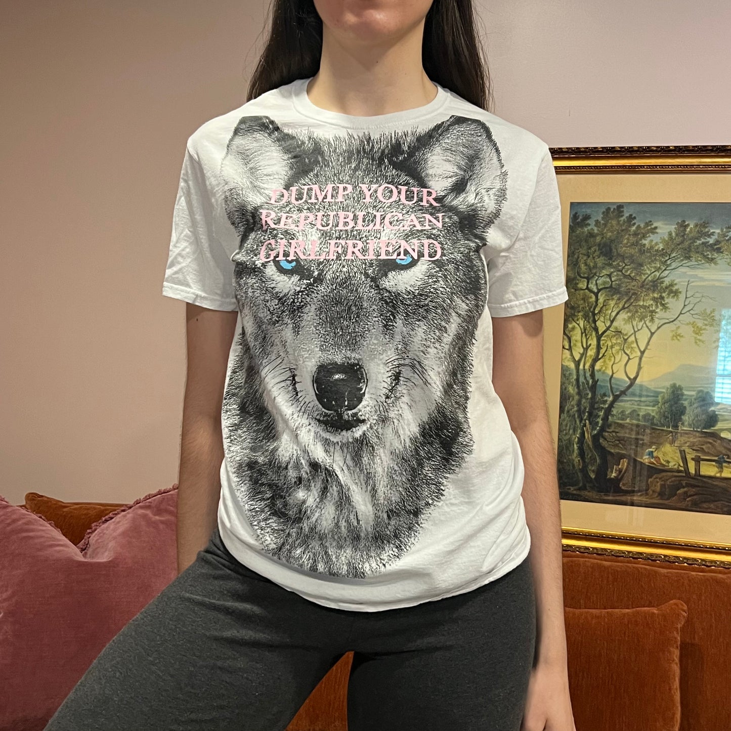DUMP YOUR REPUBLICAN GIRLFRIEND wolf t-shirt with pink text (S)