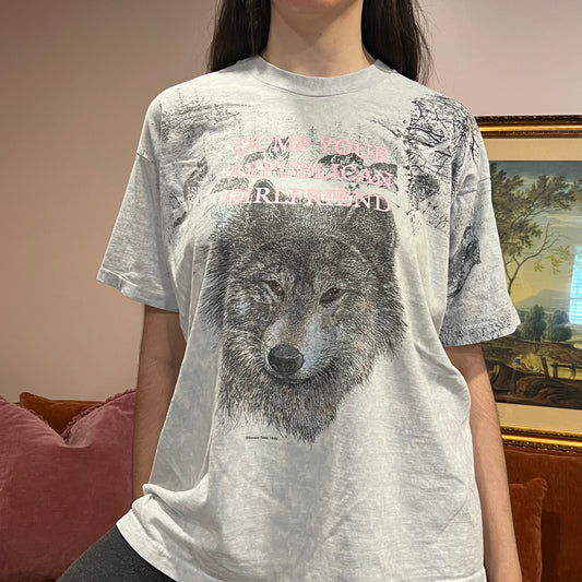 DUMP YOUR REPUBLICAN GIRLFRIEND wolf t-shirt with pink text (XL)