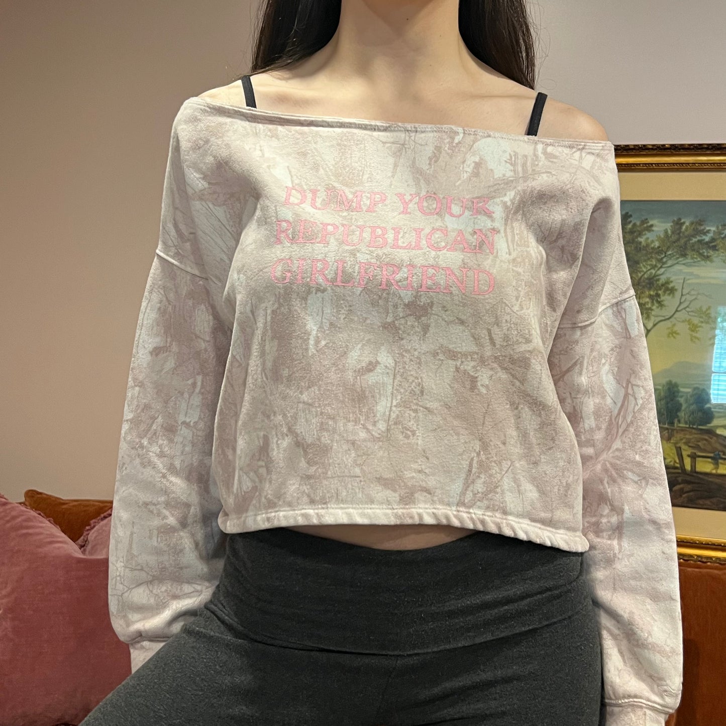 DUMP YOUR REPUBLICAN GIRLFRIEND pink camo crewneck with pink text (S)