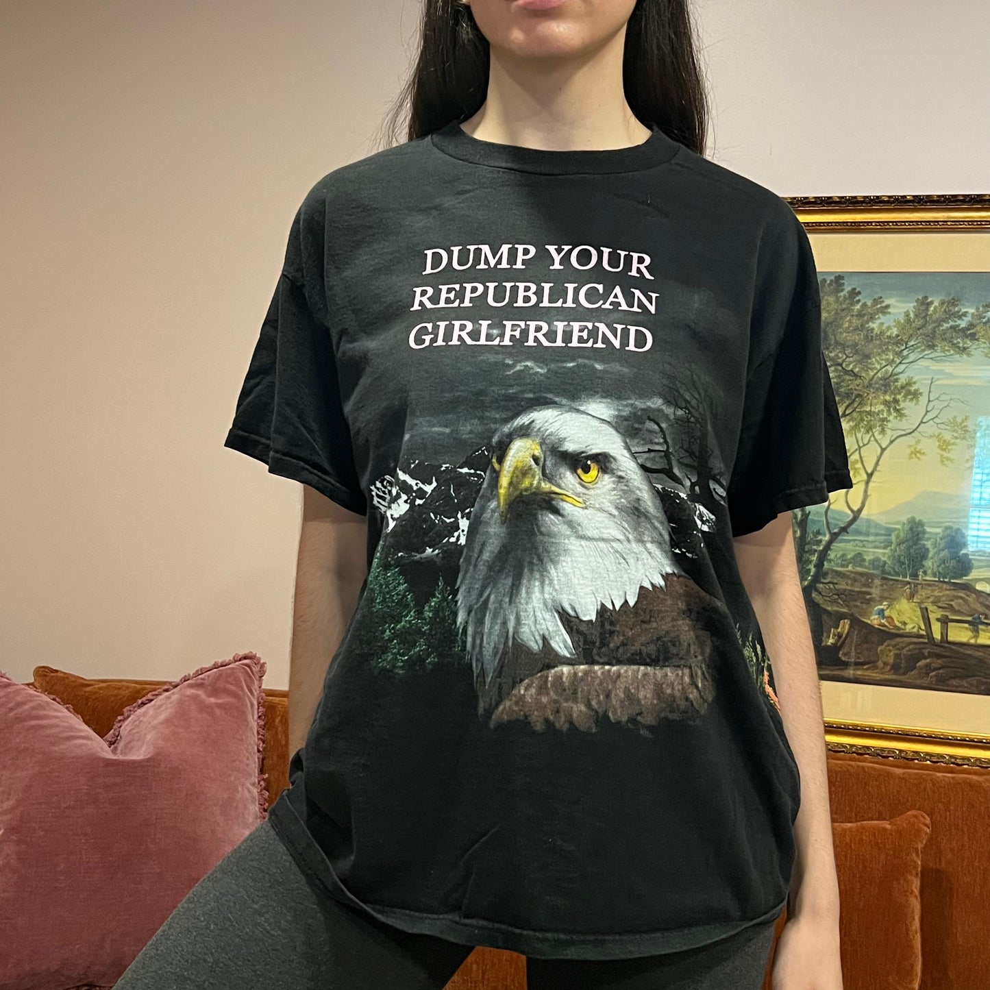 DUMP YOUR REPUBLICAN GIRLFRIEND eagle t-shirt with pink text (L)