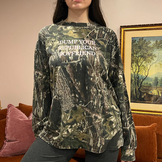 DUMP YOUR REPUBLICAN BOYFRIEND camo long sleeve t-shirt with pink text (XL)