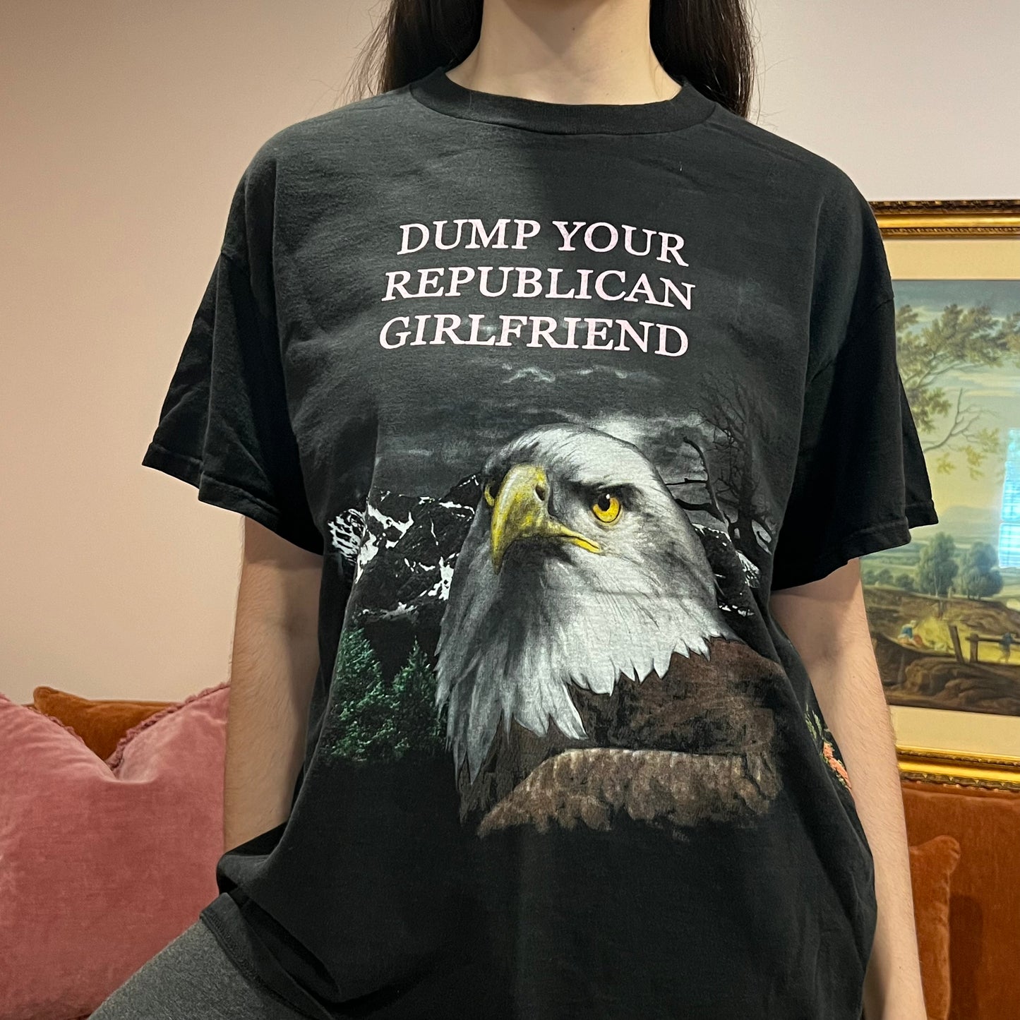 DUMP YOUR REPUBLICAN GIRLFRIEND eagle t-shirt with pink text (L)
