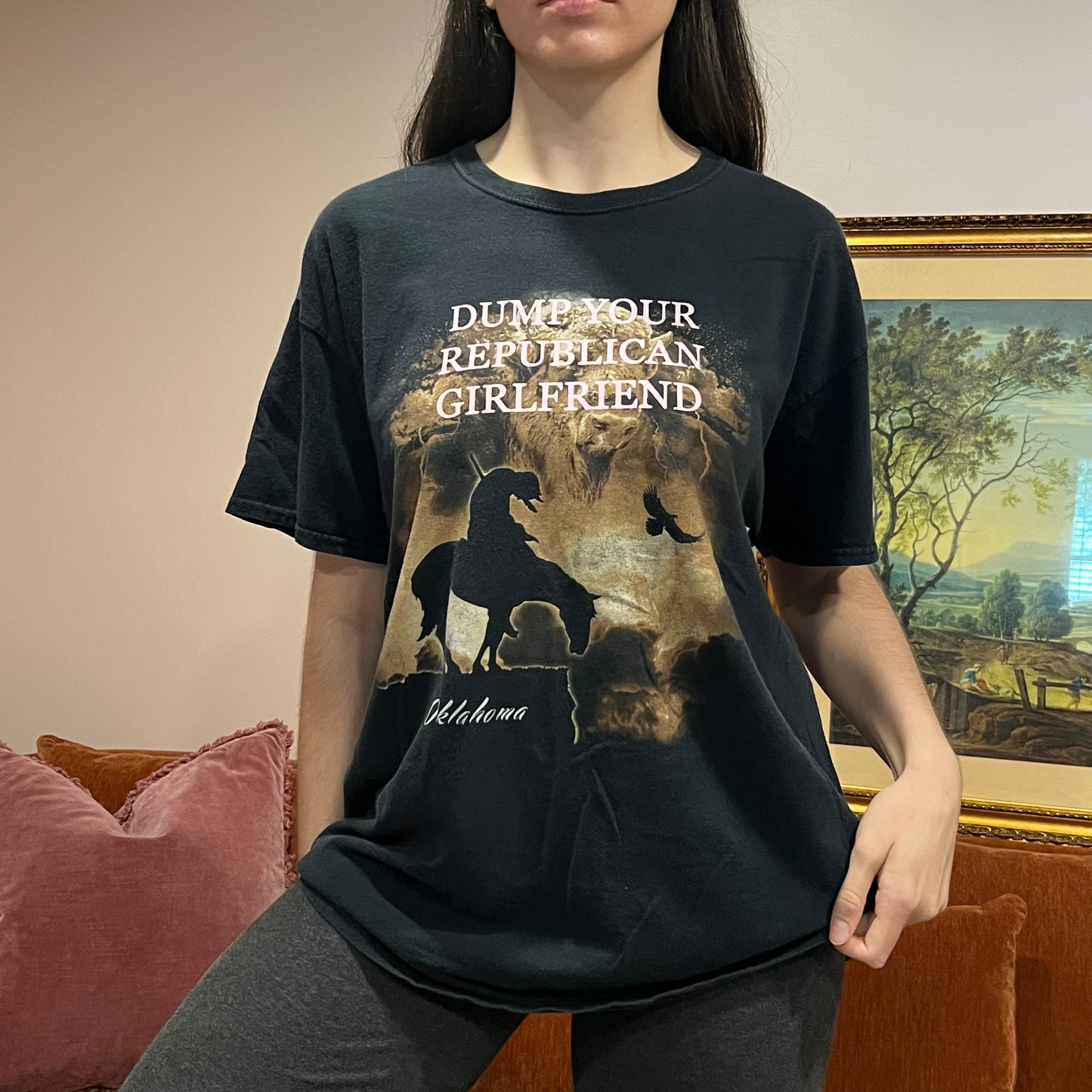 DUMP YOUR REPUBLICAN GIRLFRIEND horse t-shirt with pink text (XL)