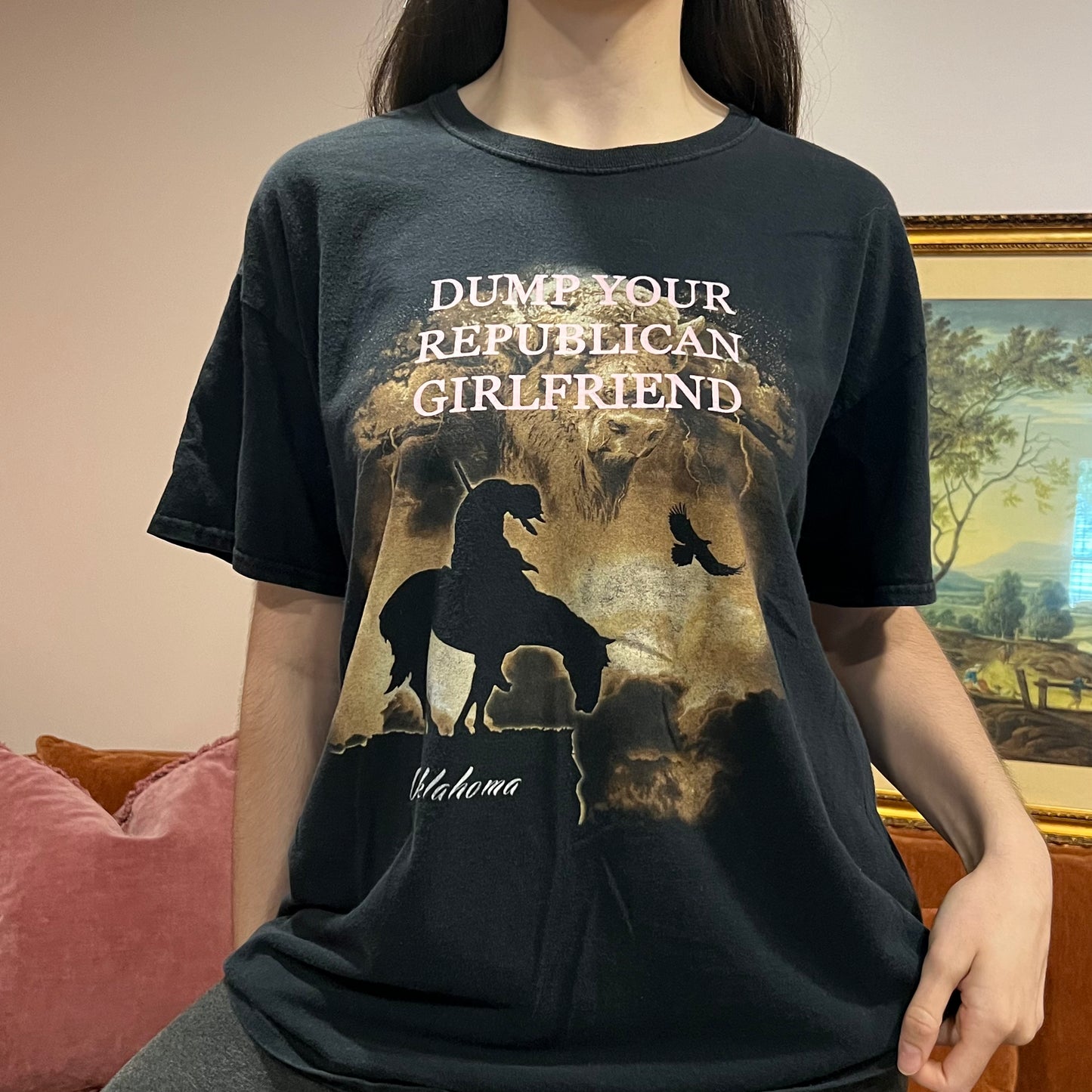 DUMP YOUR REPUBLICAN GIRLFRIEND horse t-shirt with pink text (XL)